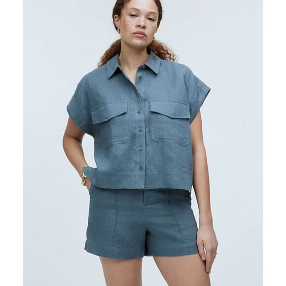 Madewell Tops - MADEWELL Flap-Pocket Button-Up Shirt in 100% Linen Blue XS NWT